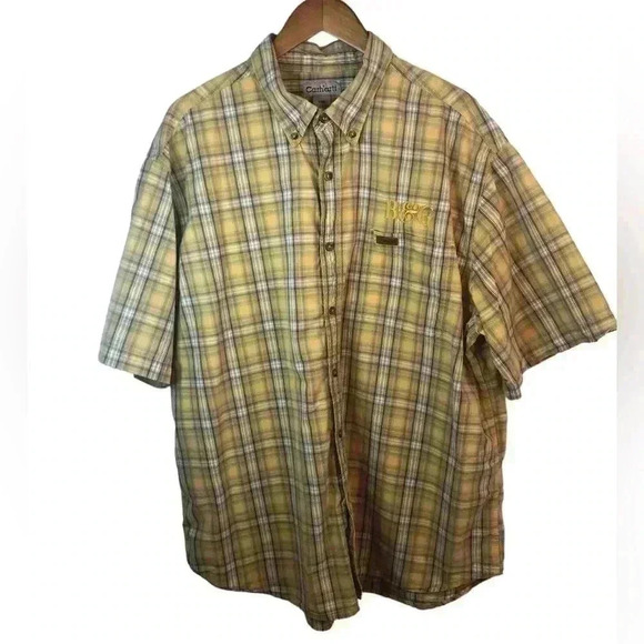 Carhartt Mens 2XL Yellow Check Print Button Down Shirt S/S Cotton Logo - Picture 1 of 4